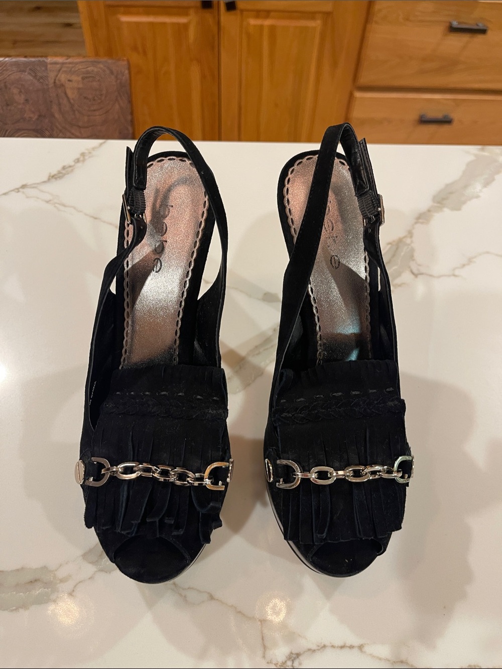 bebe Black Suede Fringe Slingback Heels with Silver Chain